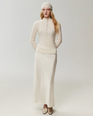 100%ピュアカシミヤ フィットシルエット ボタンカフスニットトップス
