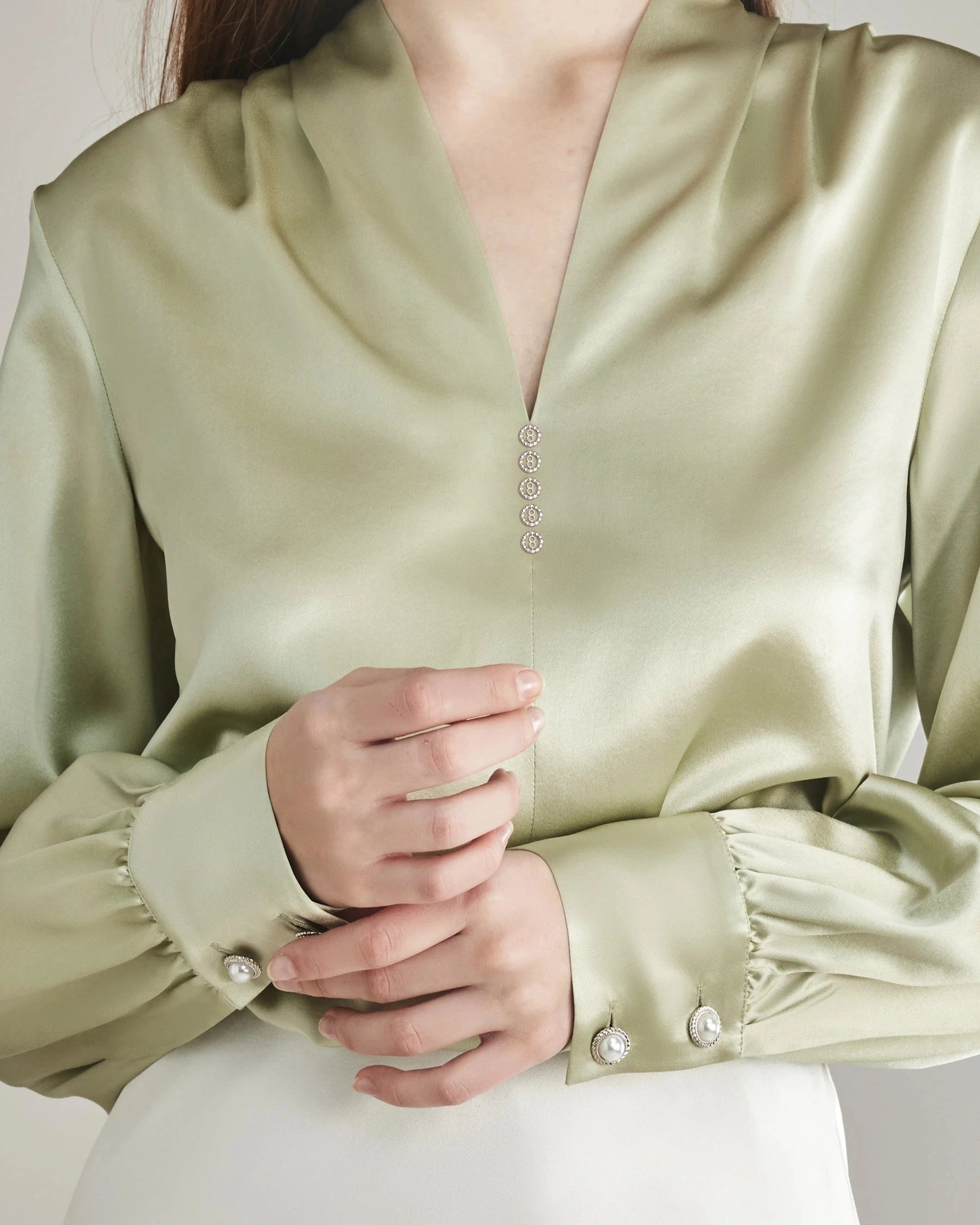 レディース ラインストーンボタン シルクブラウス