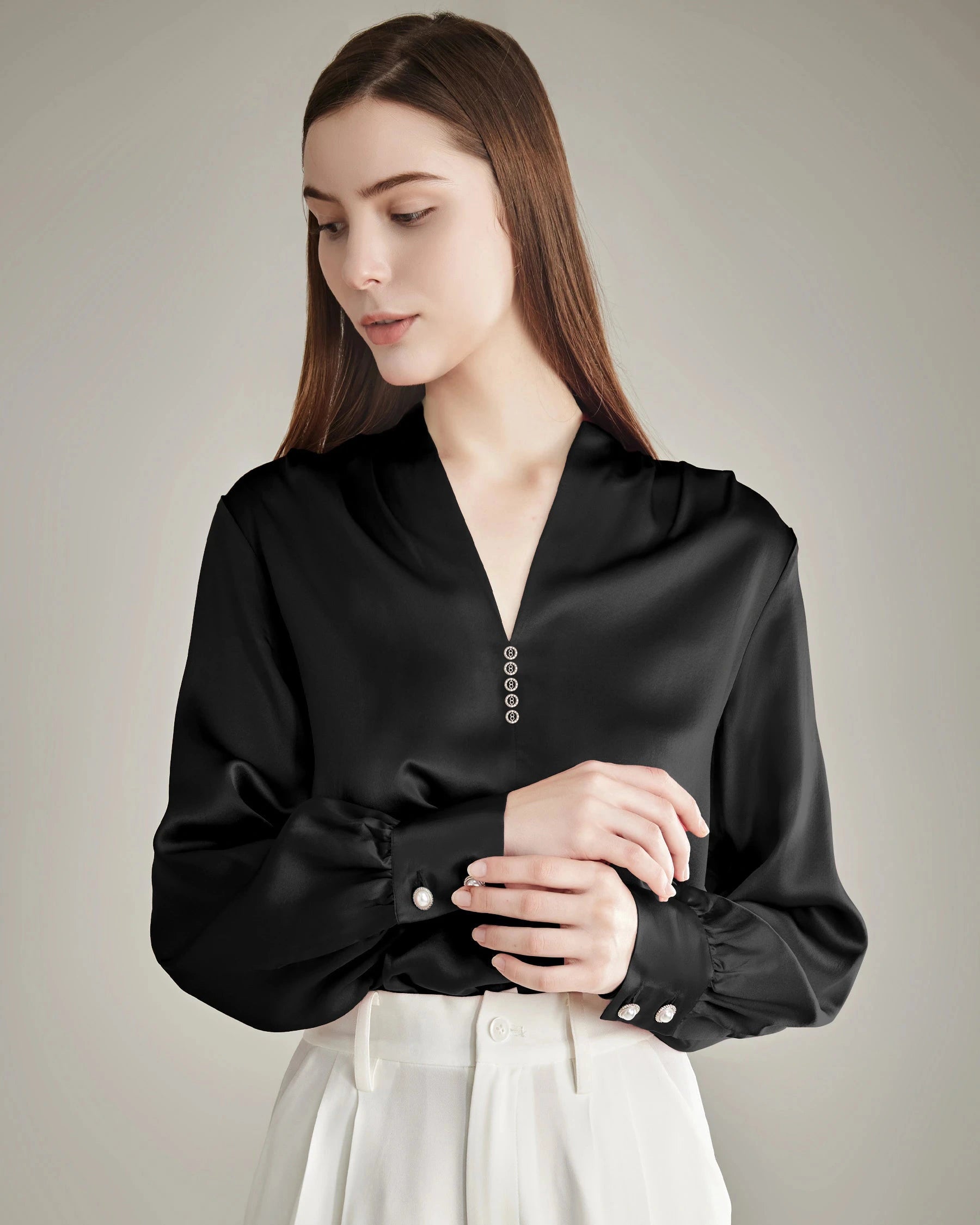 レディース ラインストーンボタン シルクブラウス