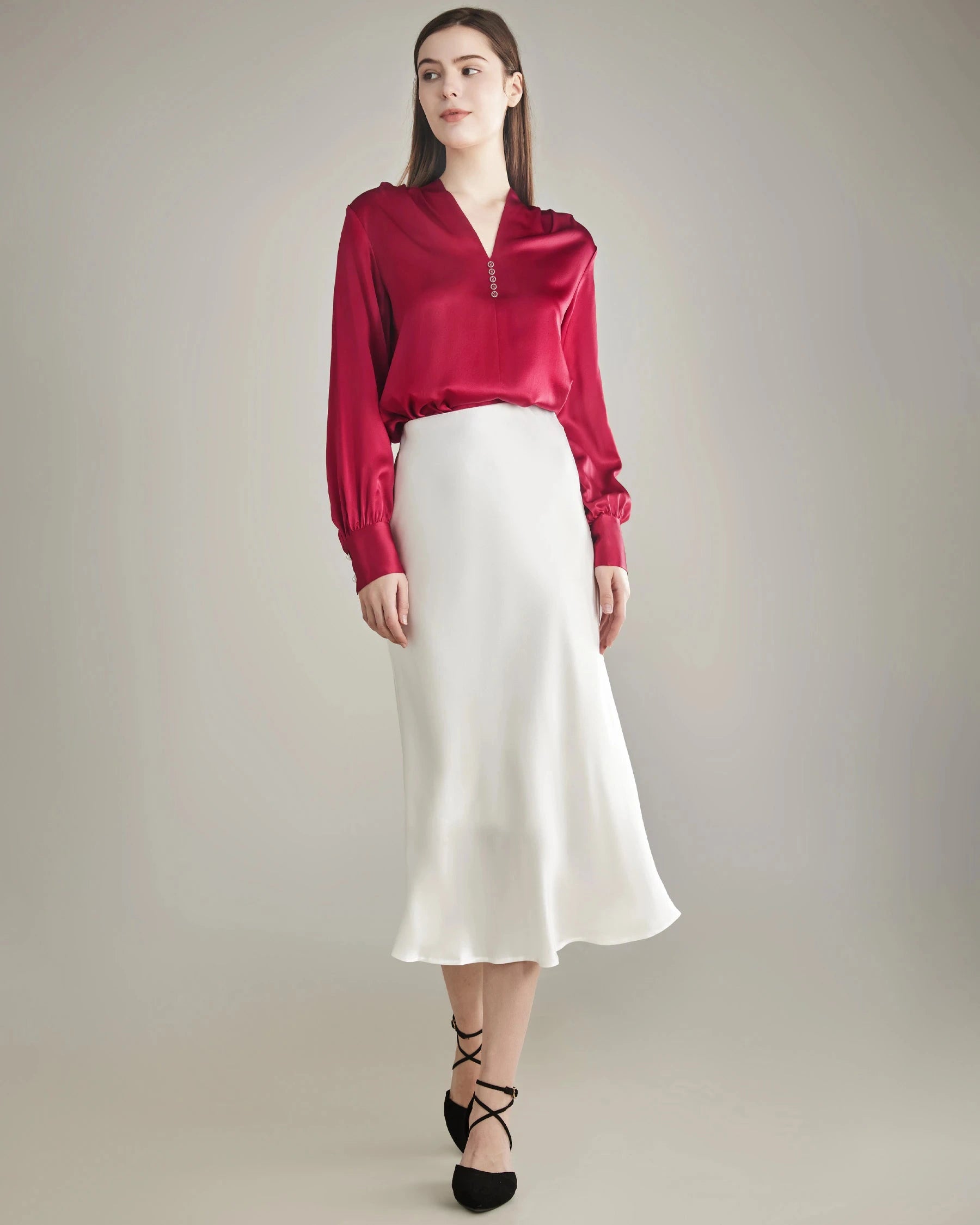 レディース ラインストーンボタン シルクブラウス