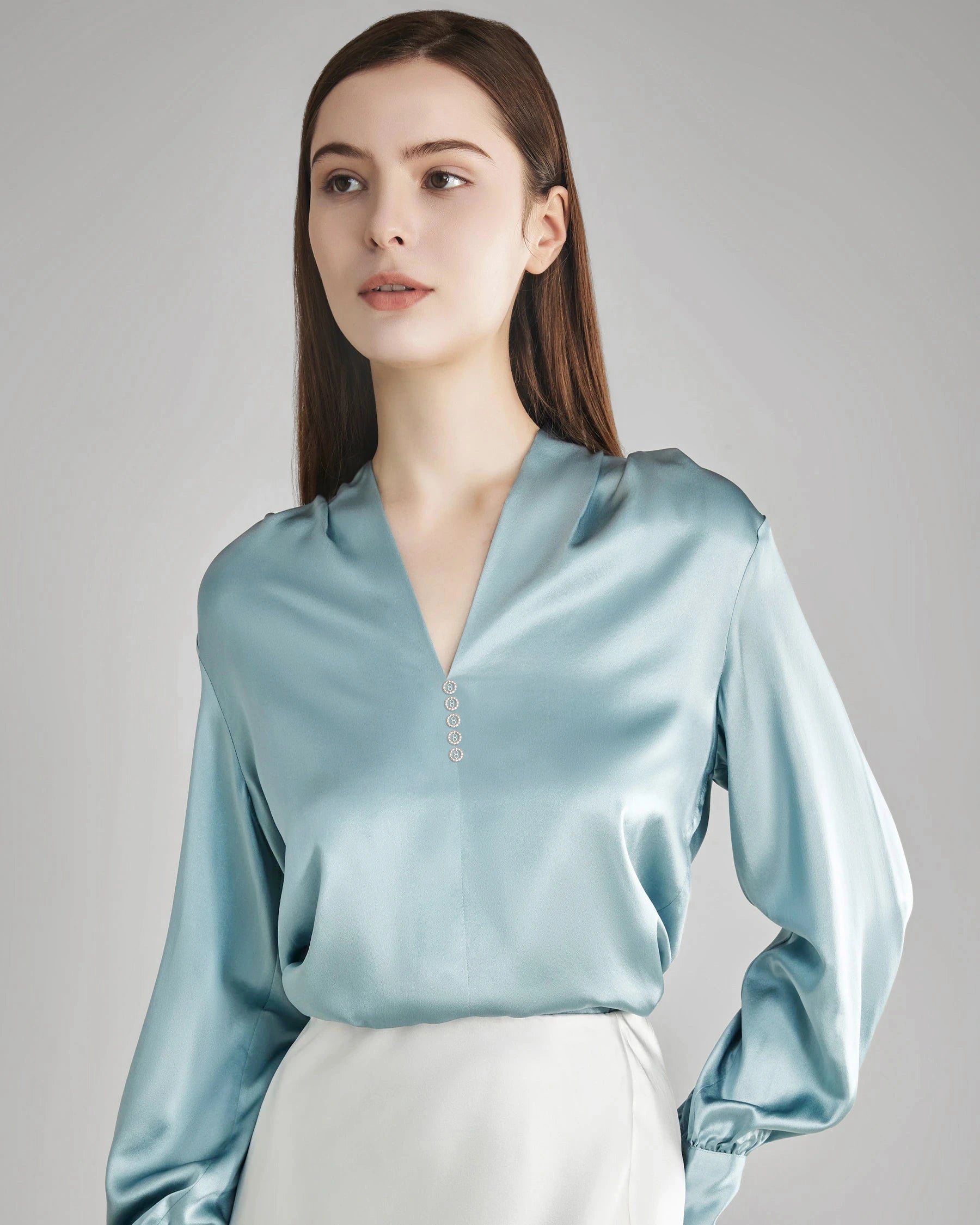 レディース ラインストーンボタン シルクブラウス