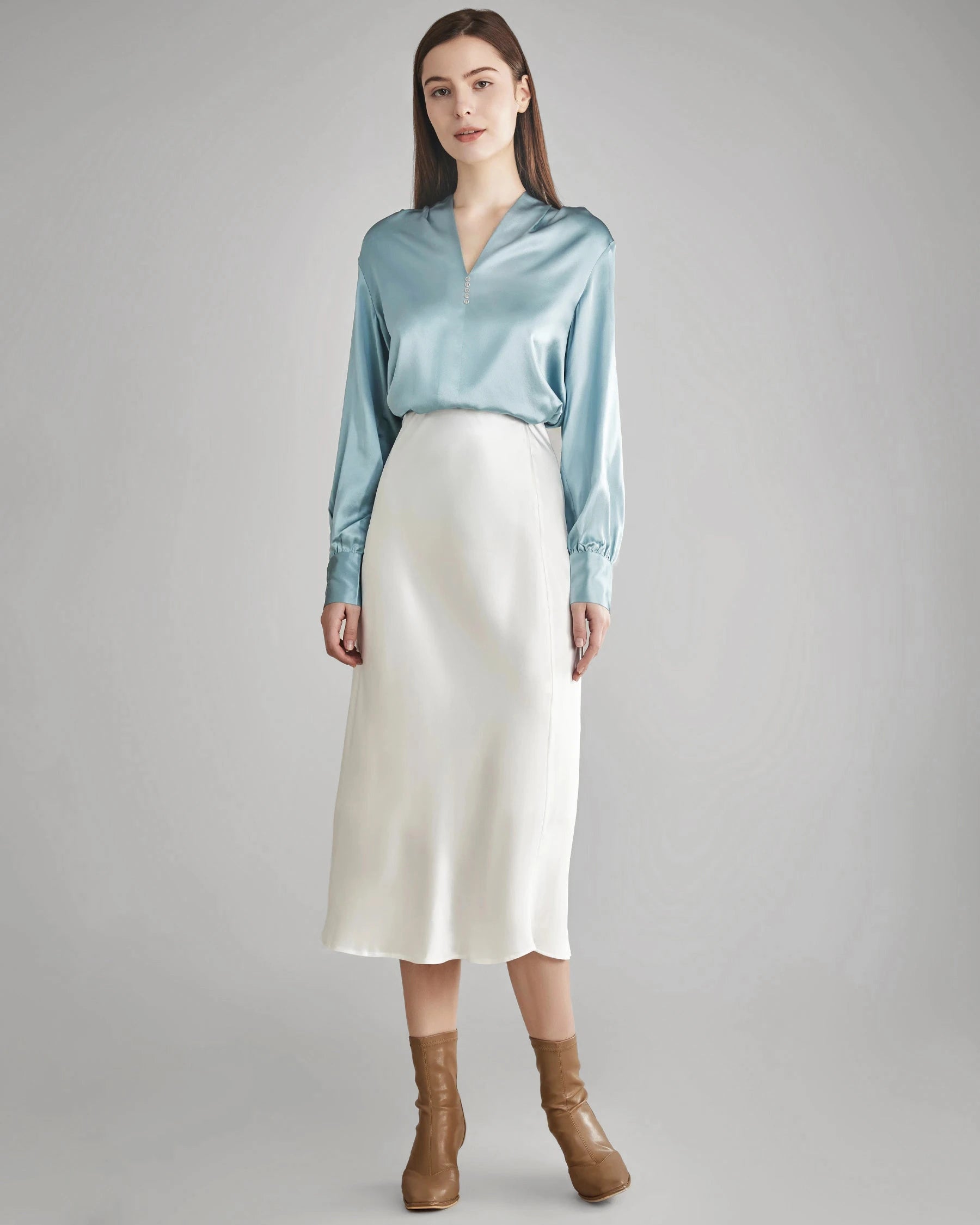 レディース ラインストーンボタン シルクブラウス