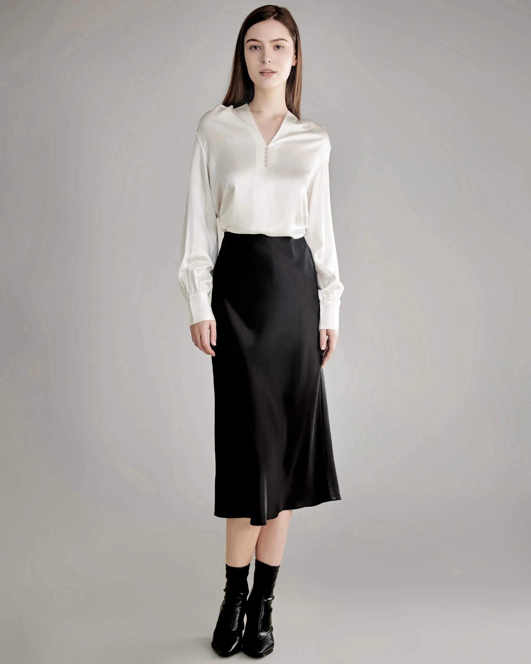 レディース ラインストーンボタン シルクブラウス