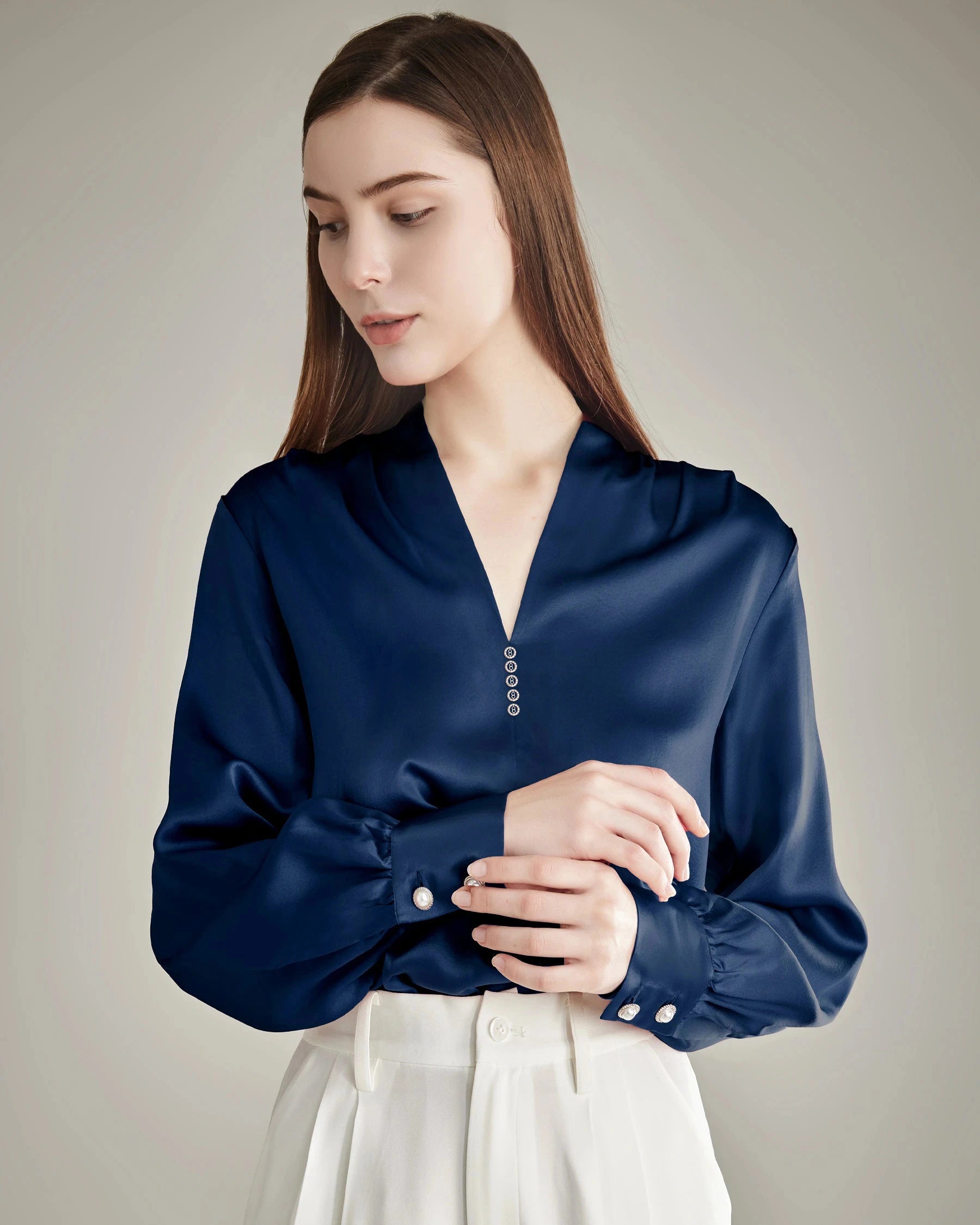 レディース ラインストーンボタン シルクブラウス