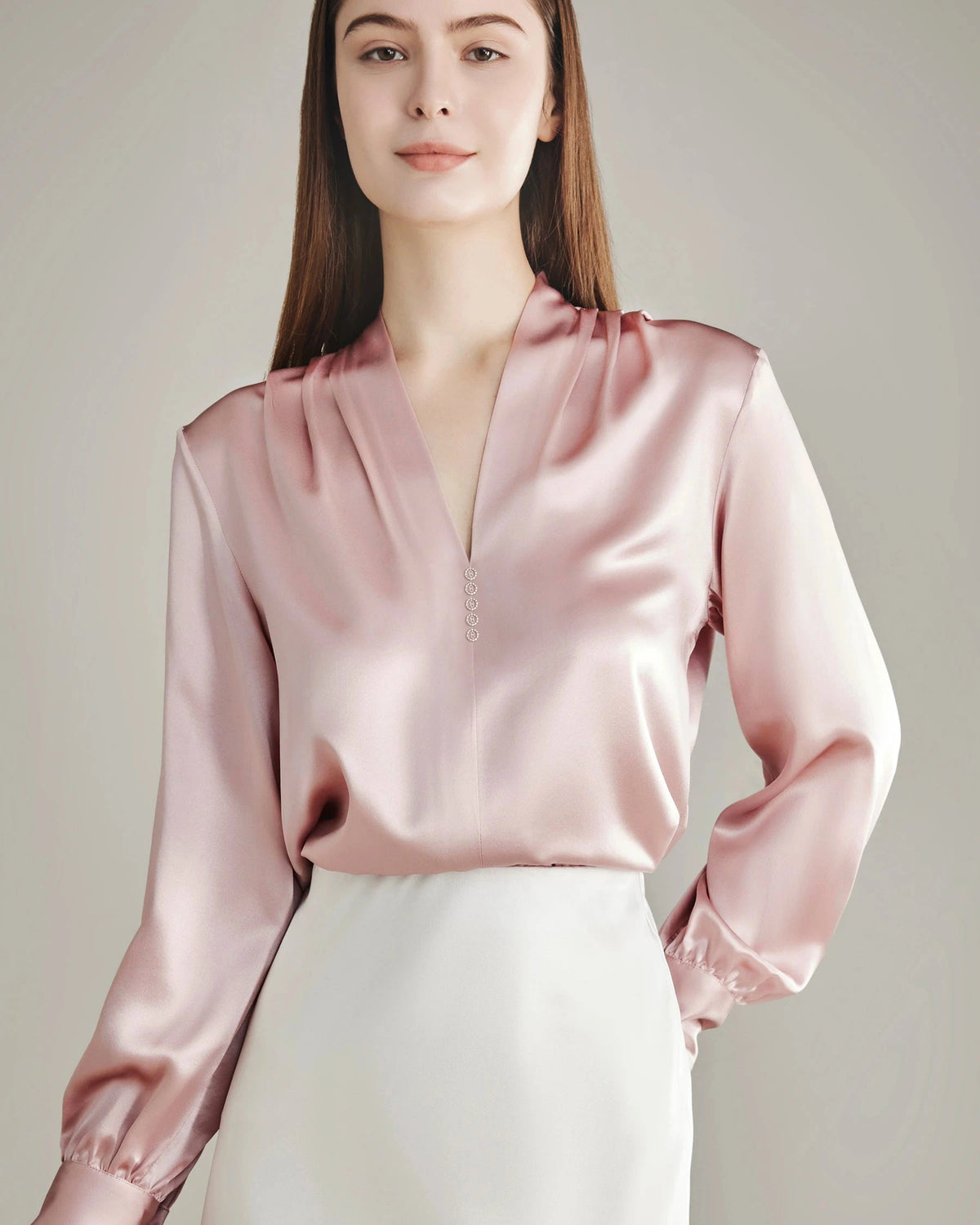 レディース ラインストーンボタン シルクブラウス