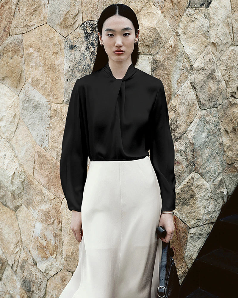 25匁シルク ノットネック 長袖ブラウス