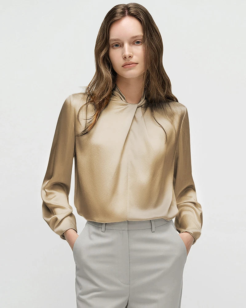 25匁シルク ノットネック 長袖ブラウス