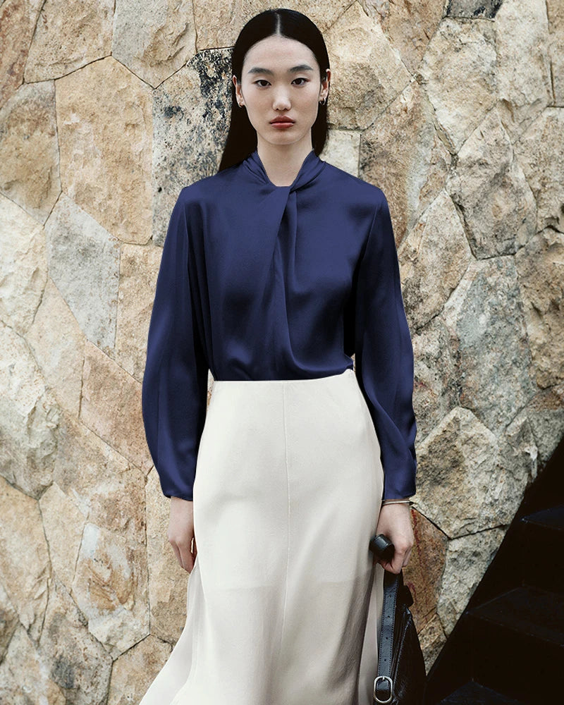 25匁シルク ノットネック 長袖ブラウス