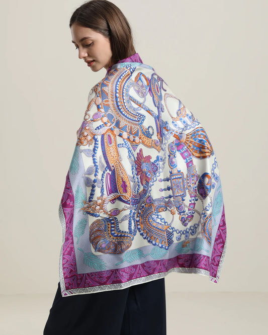 シルク 多彩なモチーフ 紫色スカーフ