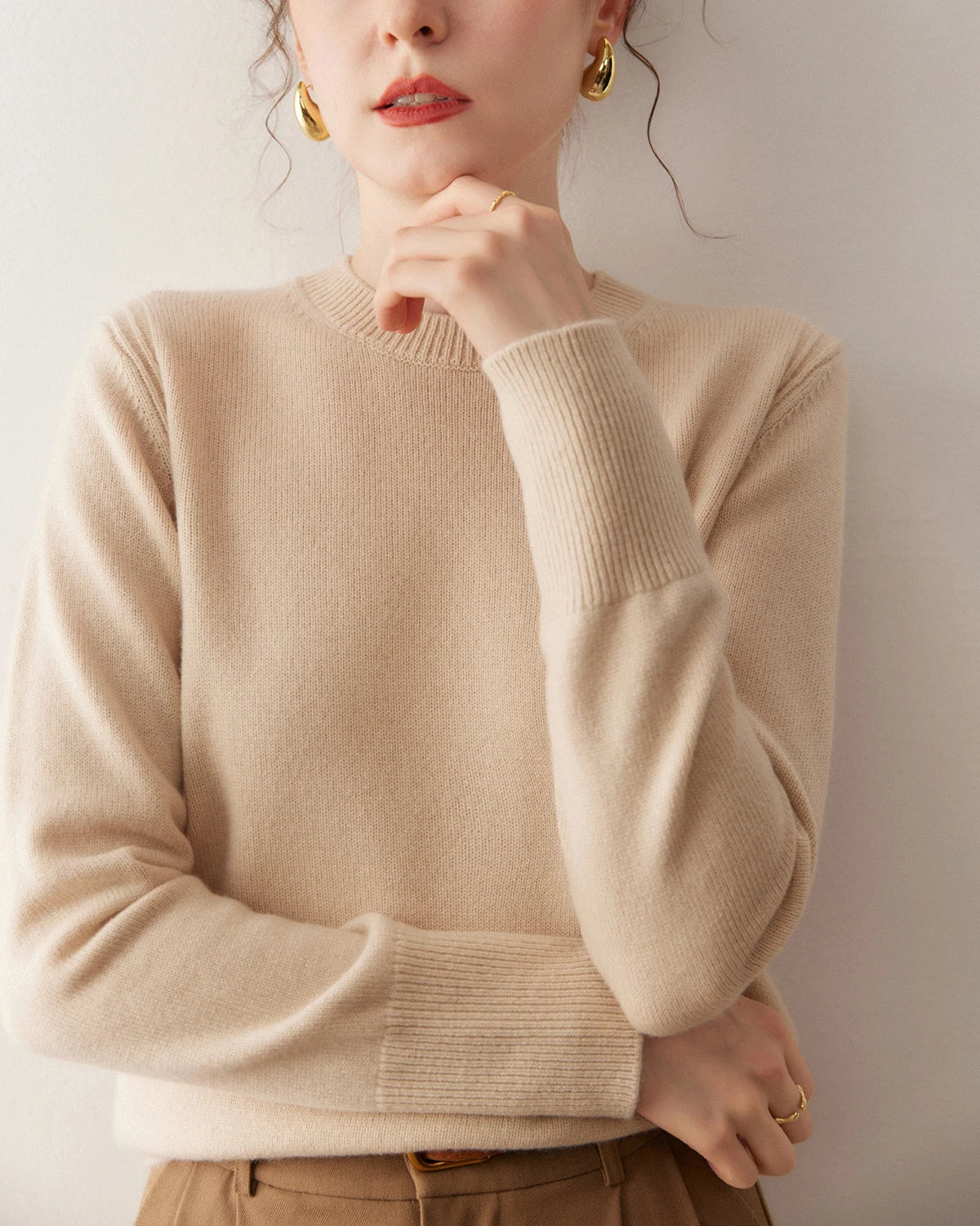 レディースベーシッククルーネックカシミヤセーター