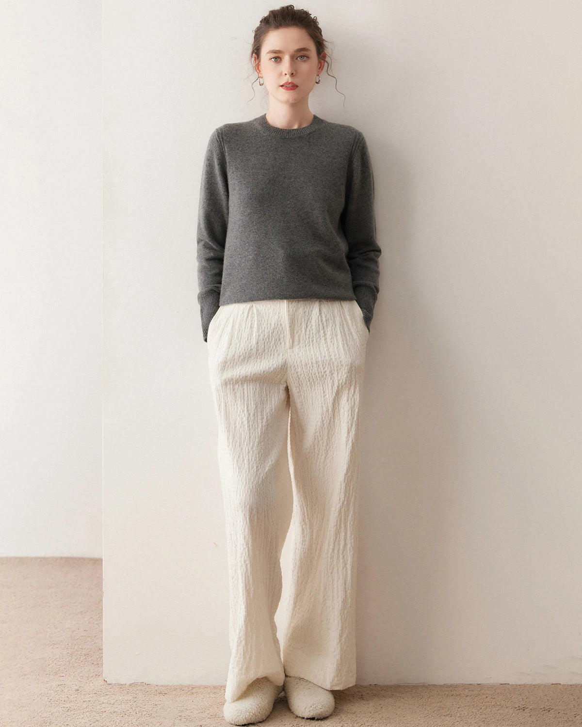 レディースベーシッククルーネックカシミヤセーター