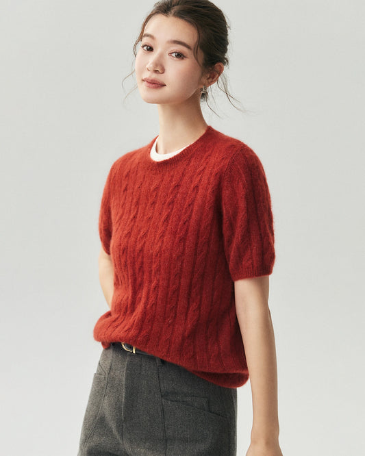 カシミヤシルク ケーブル編み半袖トップス