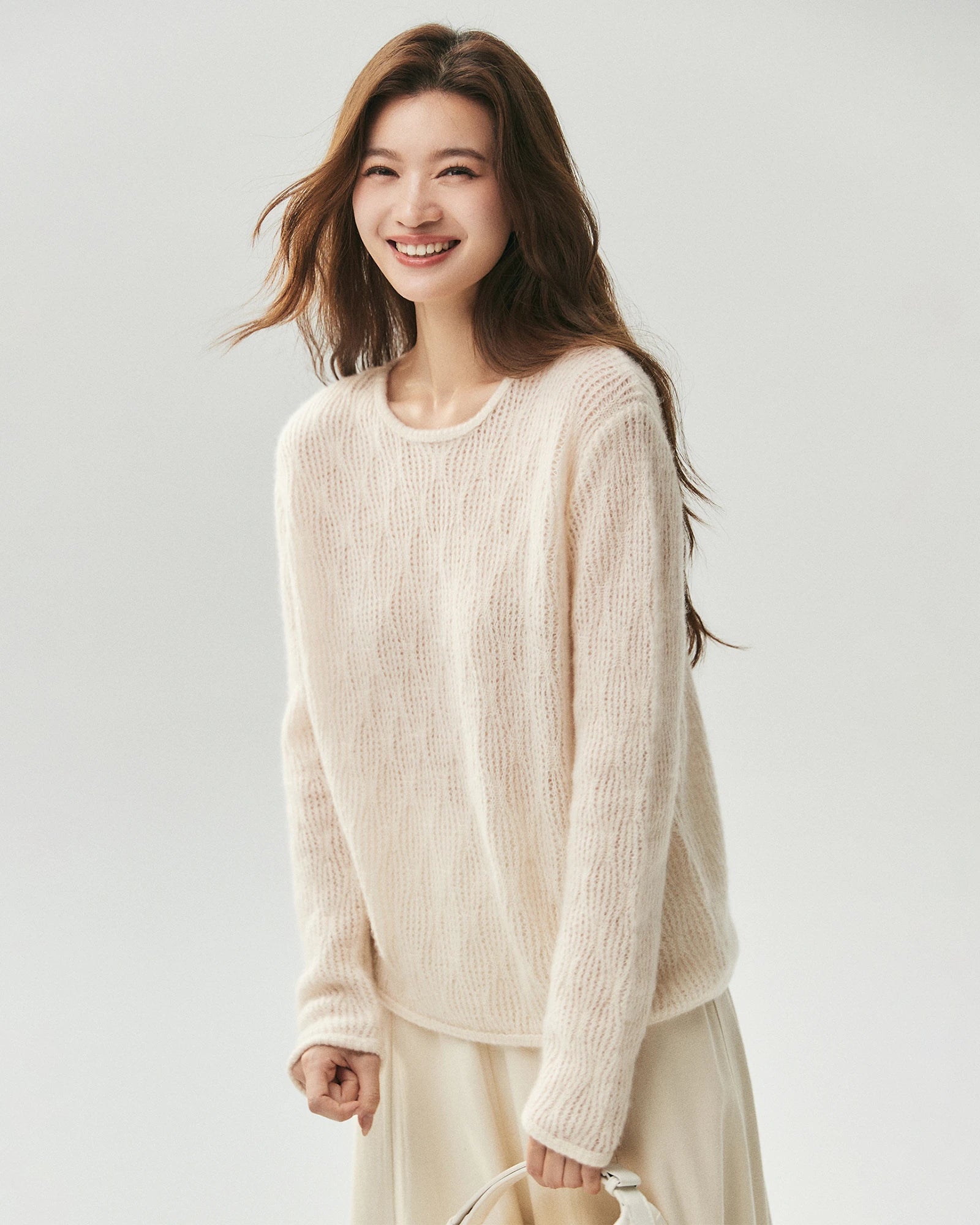 カシミヤシルク 縦ライン透かし編みセーター