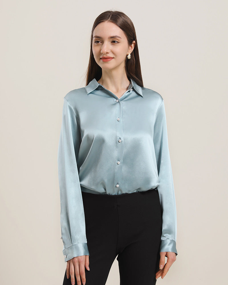 女性用クラシックシルクシャツ パールボタンデザイン