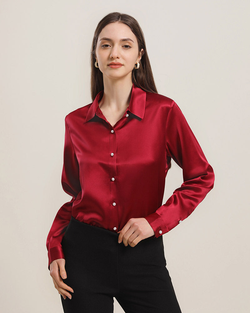 女性用クラシックシルクシャツ パールボタンデザイン