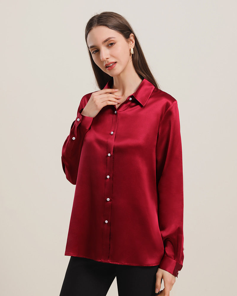 女性用クラシックシルクシャツ パールボタンデザイン