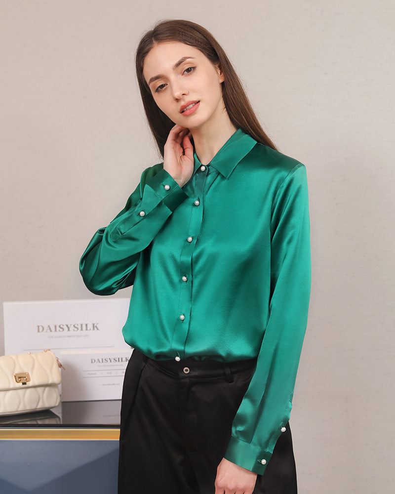 女性用クラシックシルクシャツ パールボタンデザイン