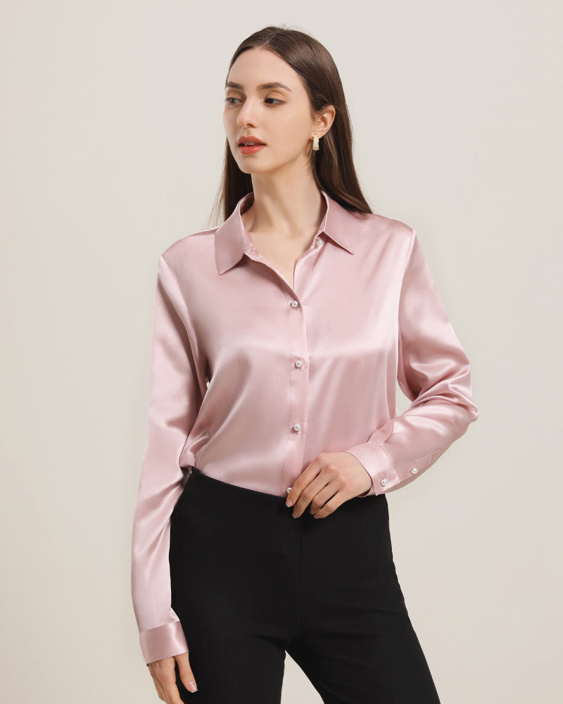 女性用クラシックシルクシャツ パールボタンデザイン