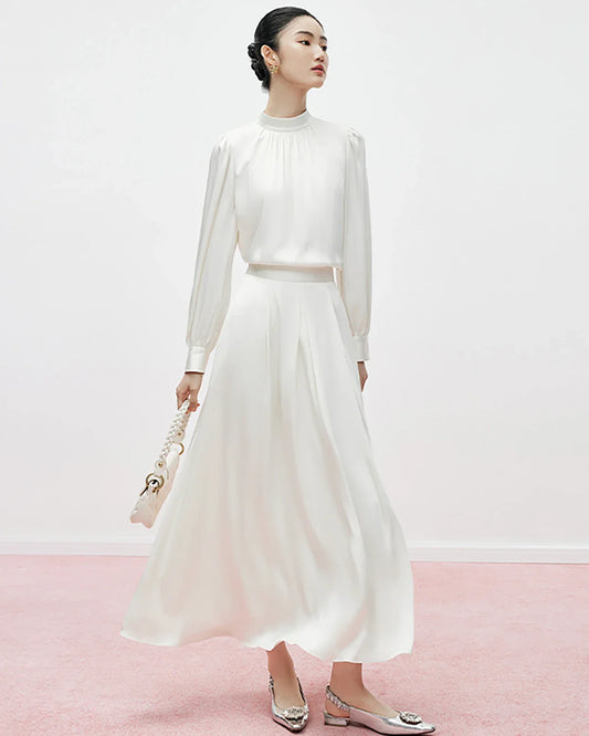 モックネック プリーツ シルクブラウス