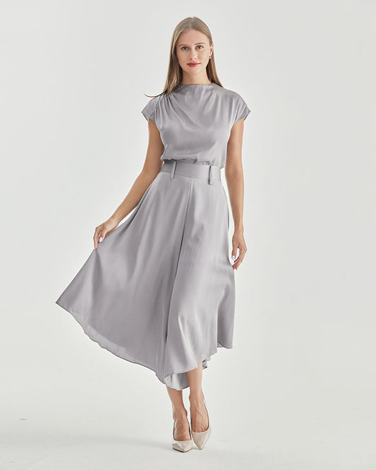 スタンドカラー キャップスリーブ シルクシャツ