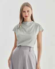 スタンドカラー キャップスリーブ シルクシャツ