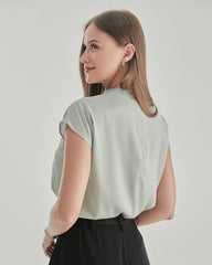 スタンドカラー キャップスリーブ シルクシャツ