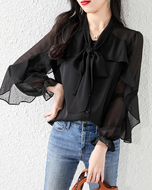 Silk Chiffon Ruffle Sleeve Blouse, Black