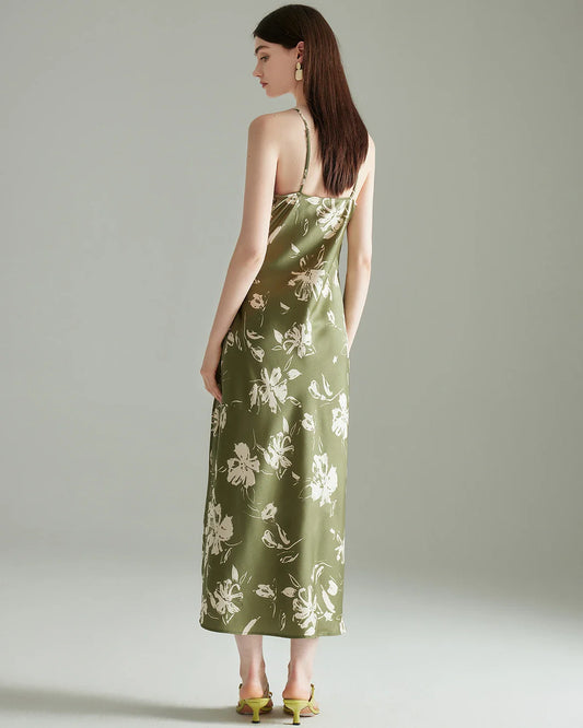 グリーン花柄シルクドレス