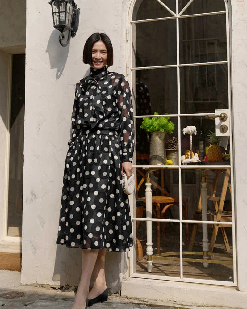 ドット柄シルクブラウス＆スカートセット