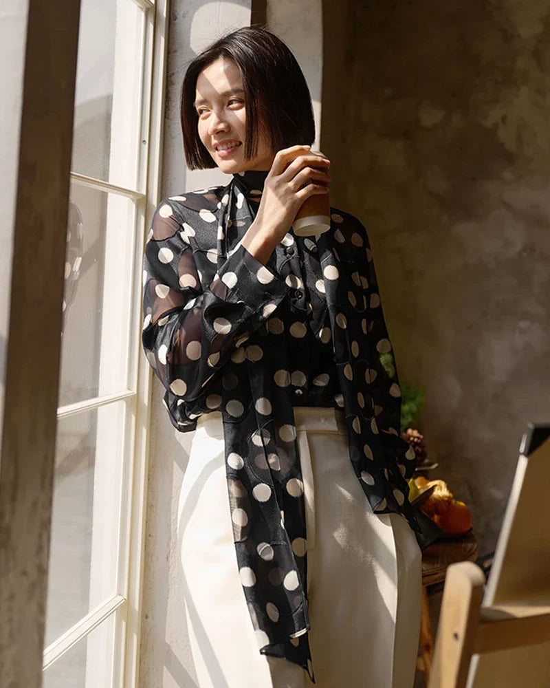 ドット柄シルクブラウス＆スカートセット