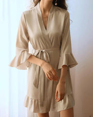 フリル付きウォッシャブルシルクショートローブ