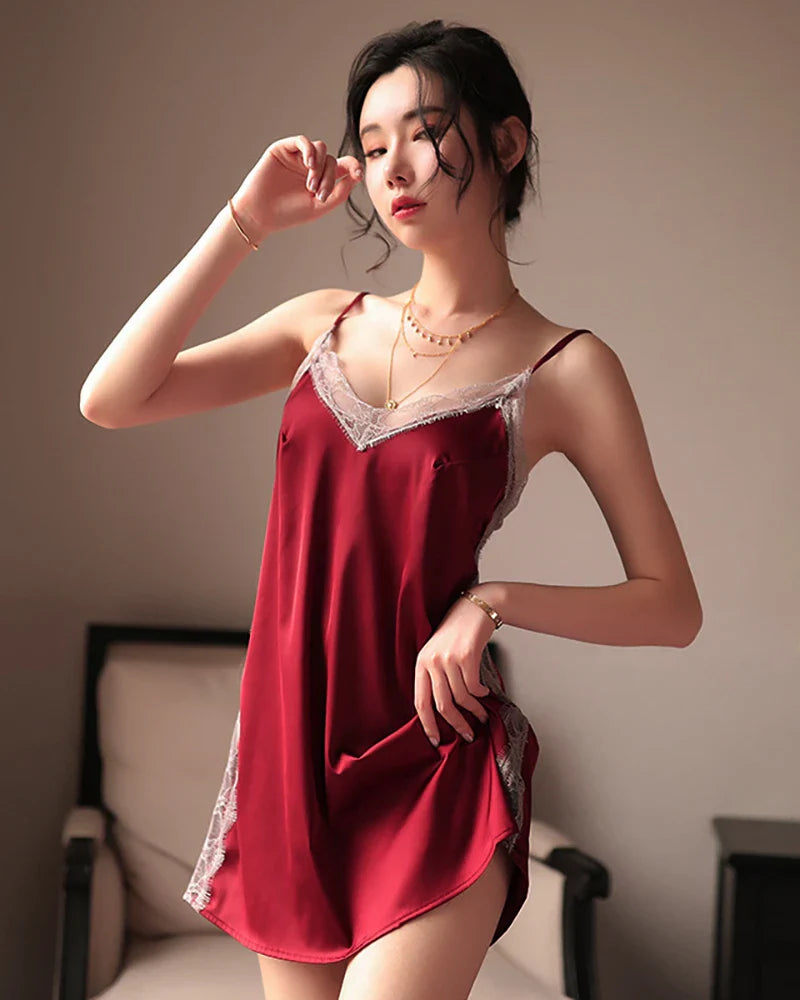 バックレス レースアップ シルクナイトドレス