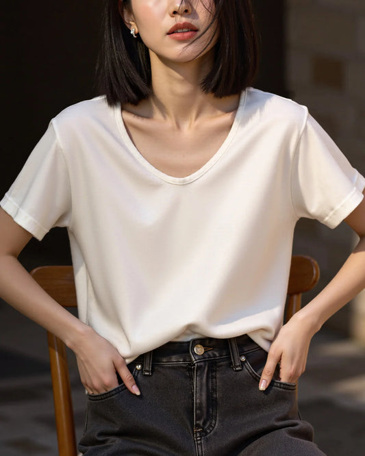 女性用シルクジャージーVネックTシャツ