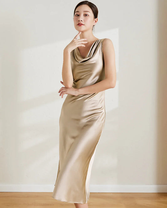 エレガントノースリーブシルクミディドレス