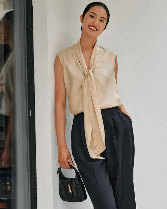 タイネック ノースリーブ シルクブラウス