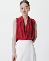 Vネックプリーツシルクタンクトップ