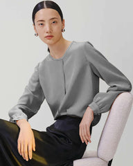 ラウンドネック プリーツ シルクブラウス