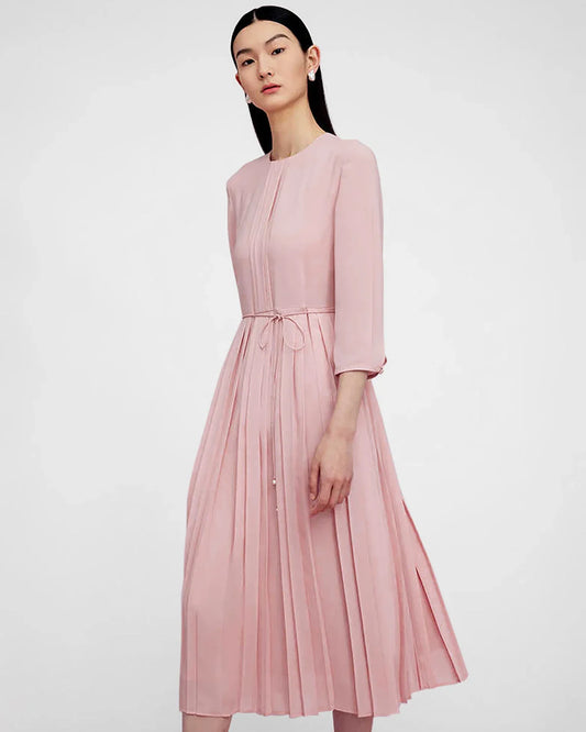 プリーツ入り七分袖シルクドレス