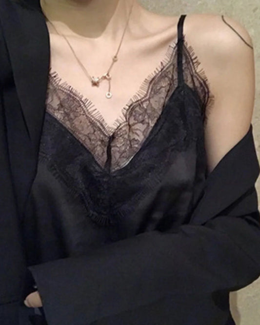 レース付きVネック シルクキャミソール