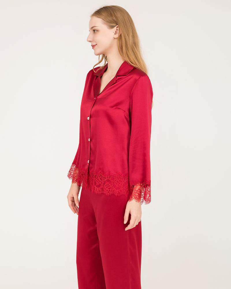 エレガントなレーストリム シルクパジャマセット