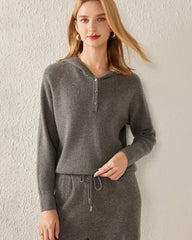 V-Neck Hooded Cashmere Sweater, Grey