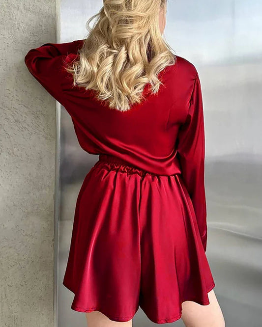 プラスサイズ シルク シャツ＆ショーツ パジャマ