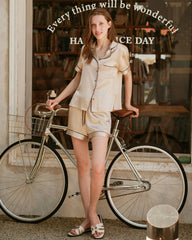 コントラストパイピング 半袖シルクパジャマセット