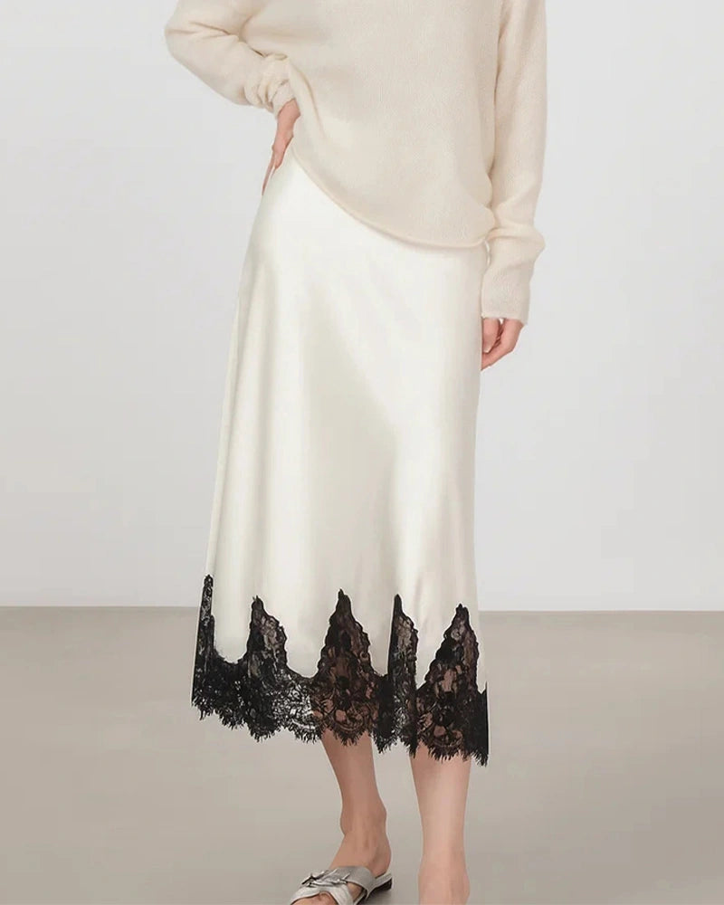 レーストリム付きシルクバイアスカットミディスカート