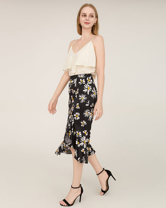 デイジー柄 アシンメトリー裾 100%シルクミディスカート