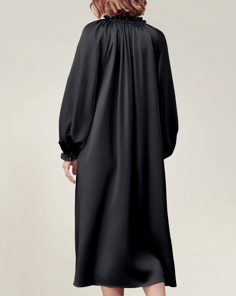 長袖シルクナイトガウン ラッフル付き