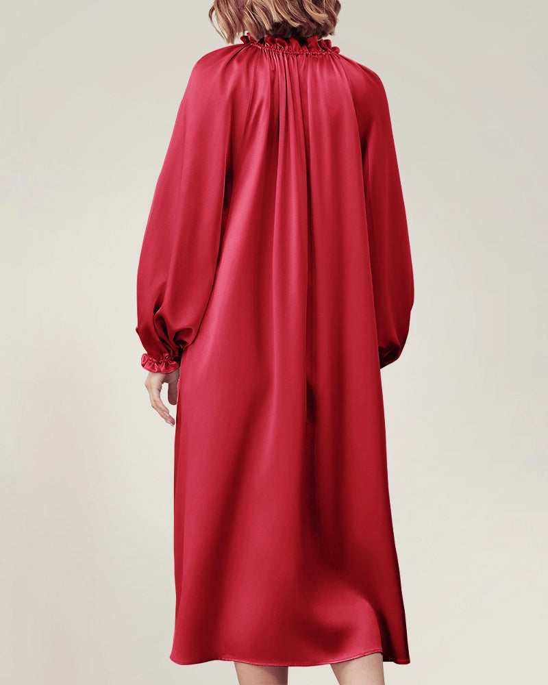 長袖シルクナイトガウン ラッフル付き