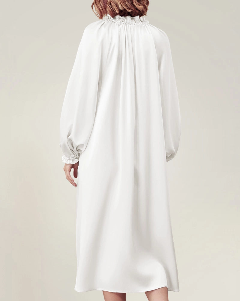 長袖シルクナイトガウン ラッフル付き