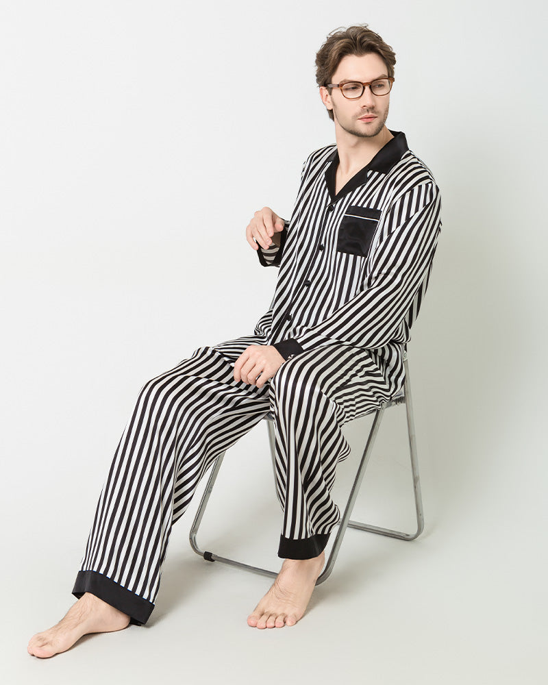 メンズシルク ブラック＆ホワイト ストライプ パジャマセット