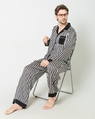 メンズシルク ブラック＆ホワイト ストライプ パジャマセット